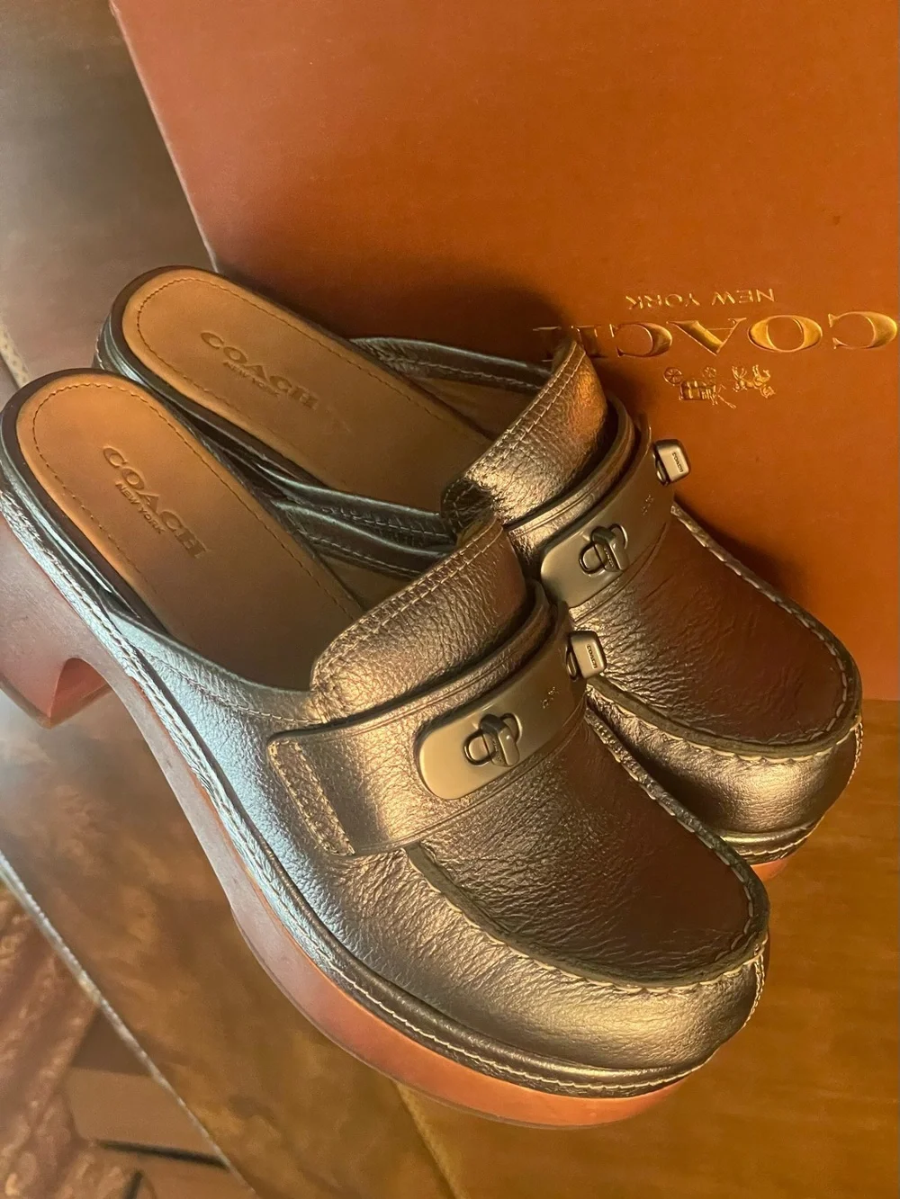 Coach 2016 collection Adrienne Metallic Tambled Gunmetal Leather Platform Clogs